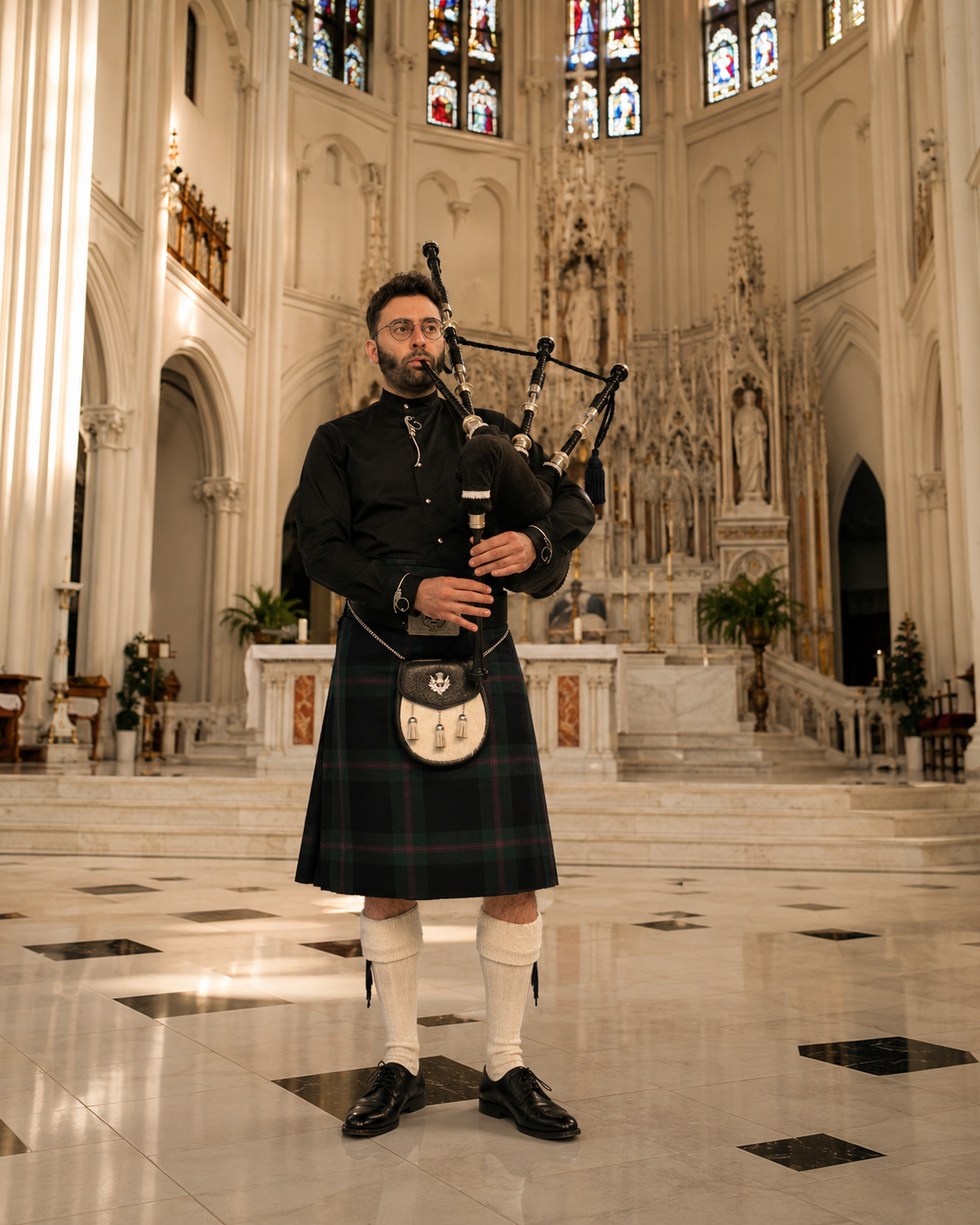 Zach Alley playing bagpipes inside a gothic cathedral